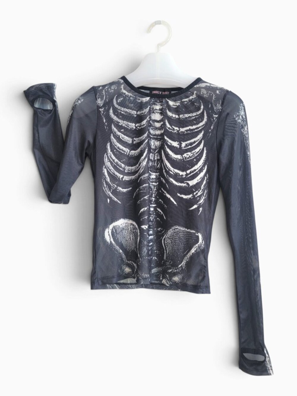 Trickz N’ Treatz M Skeleton X Ray Sheer Mesh Top Halloween Goth Thumbhole